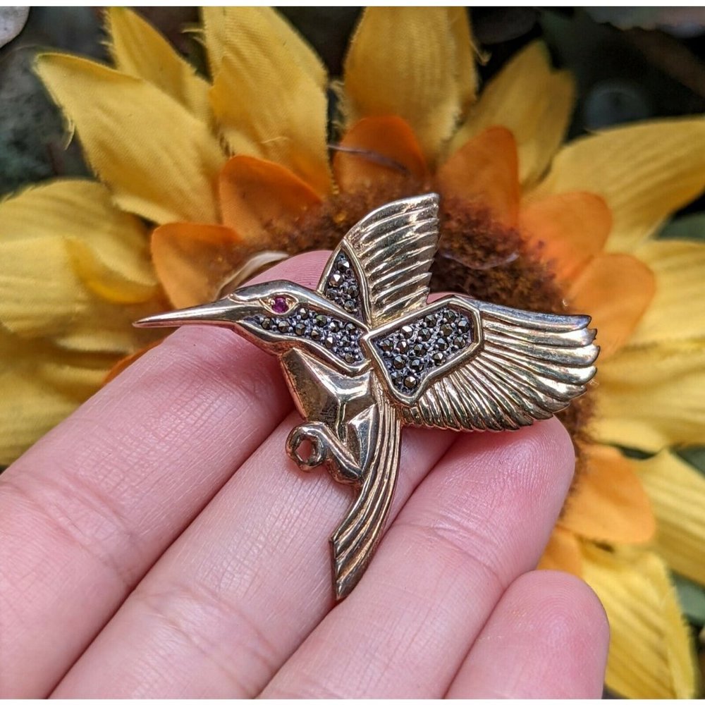Sterling Silver Gold Vermeil Marcasite Ruby Eye Hummingbird Bird Brooch Pin